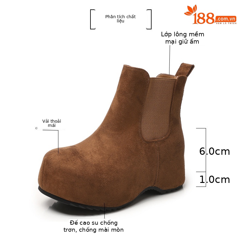 Boot Chelsea nữ cổ thun đế dày tăng chiều cao lót lông cừu mùa thu đông — Màu nâu chi tiết 3