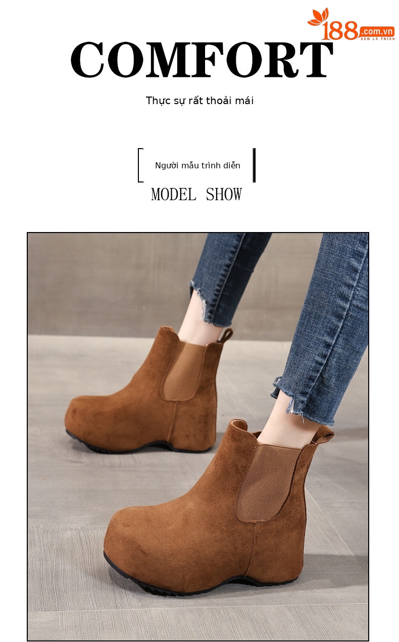 Boot Chelsea nữ cổ thun đế dày tăng chiều cao lót lông cừu mùa thu đông — Màu nâu chi tiết 8