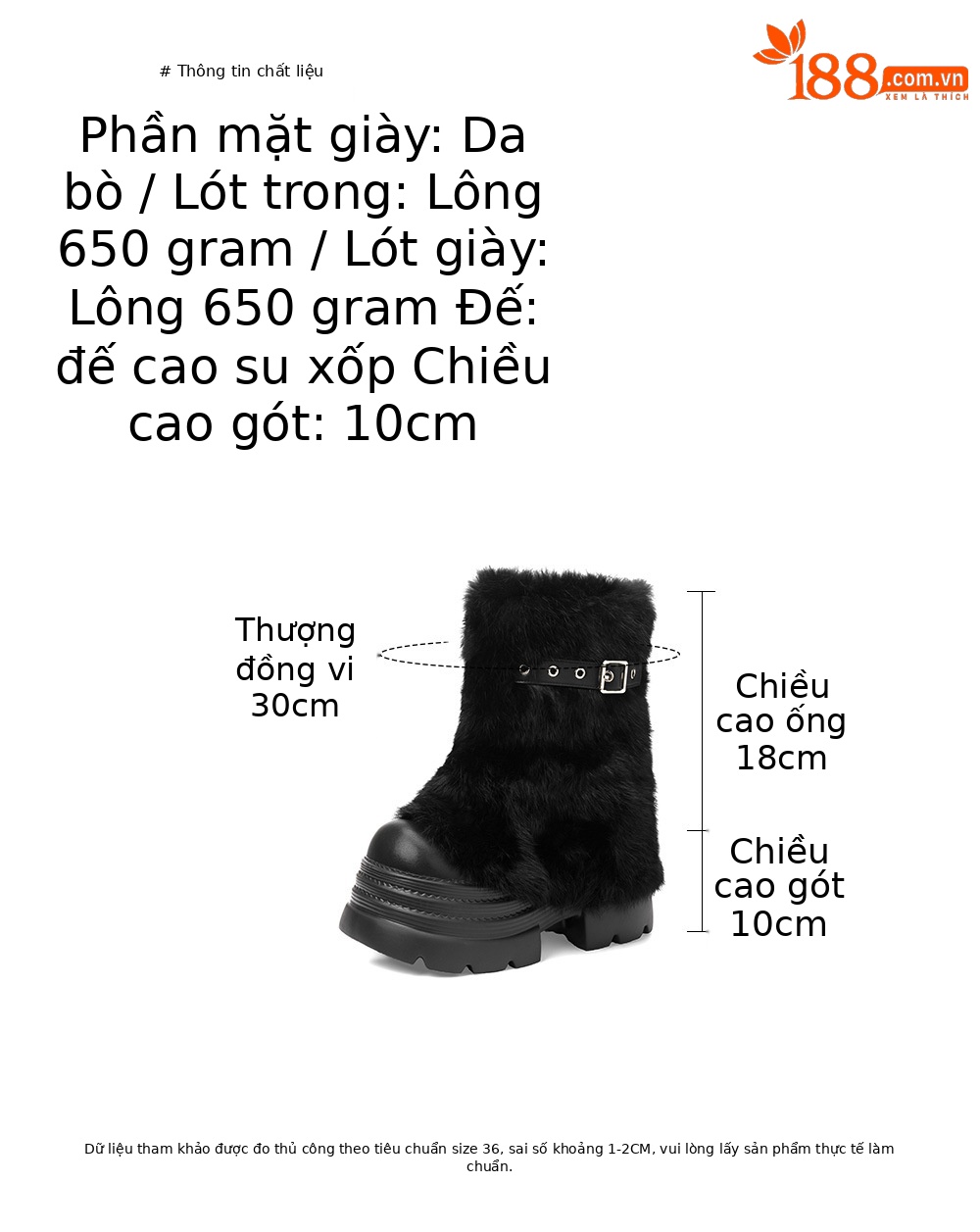 Giày bốt tuyết lông dày da thật 10cm, đế siêu dày, cổ ngắn, tăng chiều cao — màu đen chi tiết 3