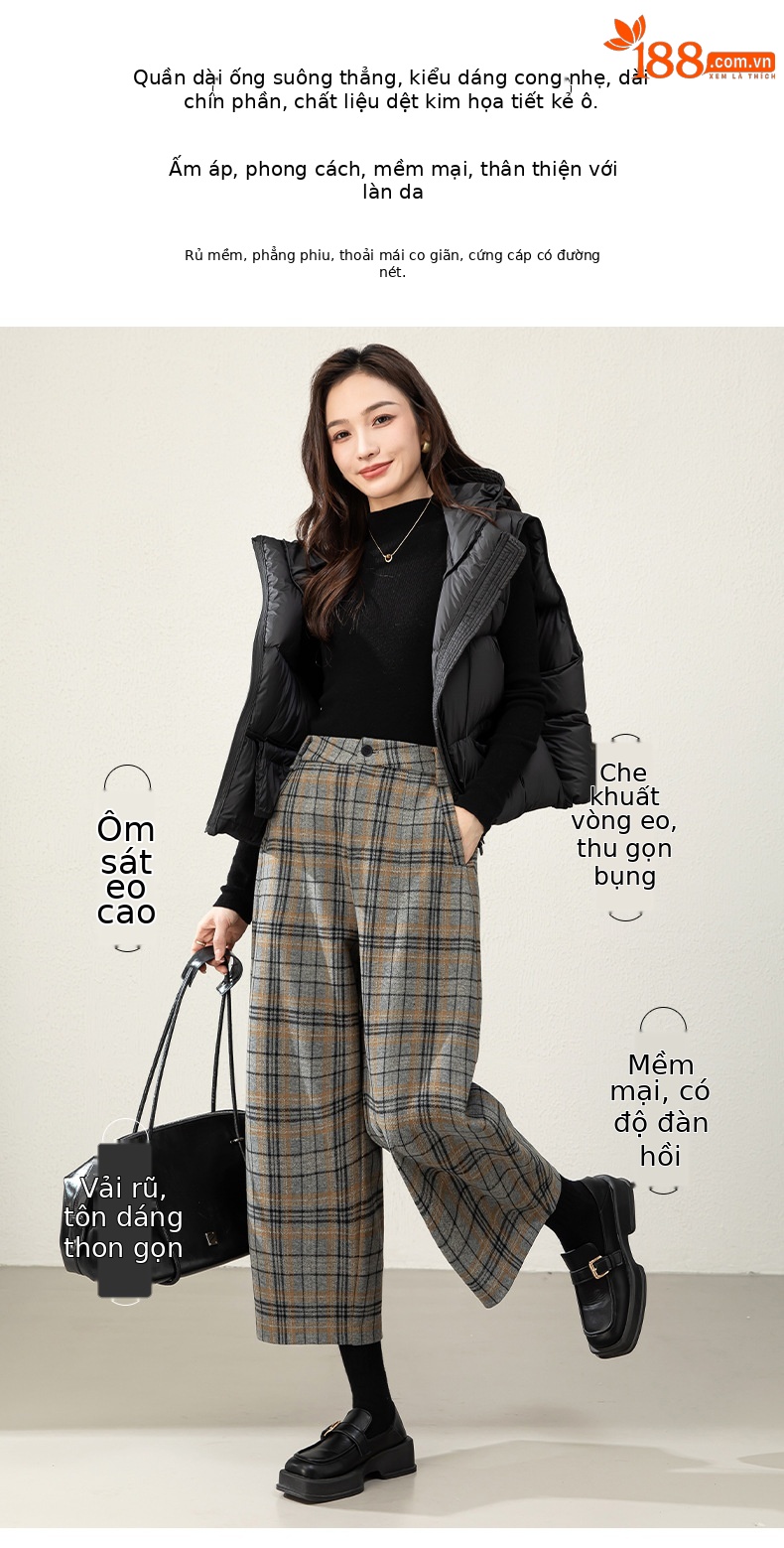 Quần ống đứng kẻ sọc len nữ lưng cao dáng rộng thu đông — kẻ sọc màu xám chi tiết 1
