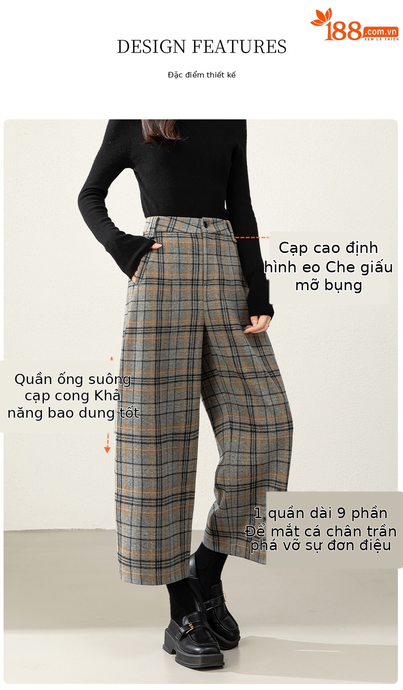 Quần ống đứng kẻ sọc len nữ lưng cao dáng rộng thu đông — kẻ sọc màu xám chi tiết 9