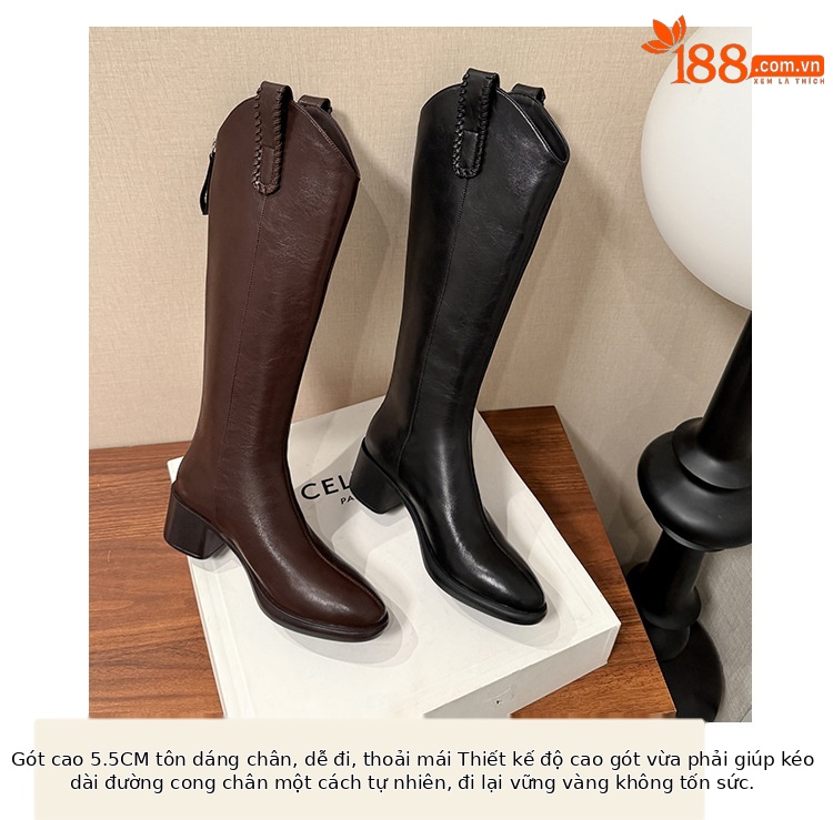 Boot nữ cổ cao ôm bắp chân dáng V thon gọn, đế dày, gót vuông nhỏ — nhung đen chi tiết 6