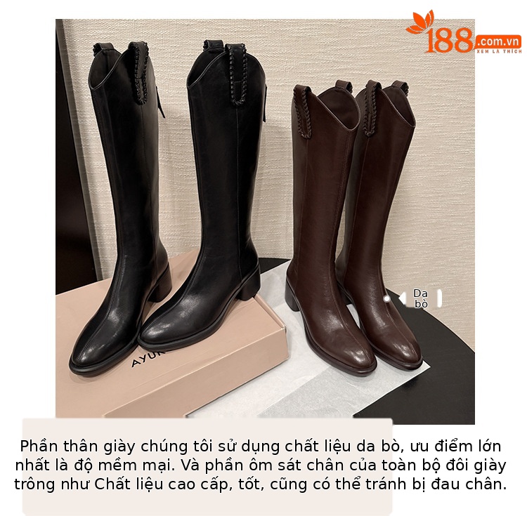 Boot nữ cổ cao ôm bắp chân dáng V thon gọn, đế dày, gót vuông nhỏ — nhung đen chi tiết 7