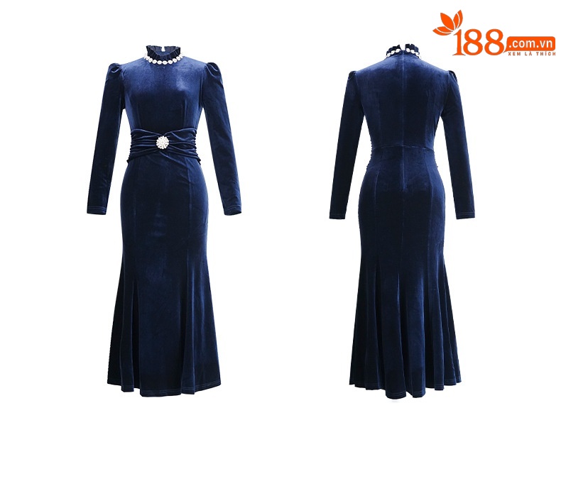 Đầm nhung xanh hải quân cổ đính ngọc trai, eo thắt, chân váy đuôi cá, dạ hội dài — Màu xanh hải quân chi tiết 3