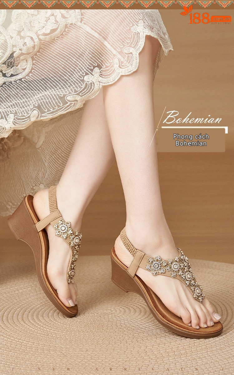 Sandal đế xuồng đính đá hoa thời trang mùa hè 2026 mẫu mới 180-3 — màu nâu, màu đen, quả mơ chi tiết 1