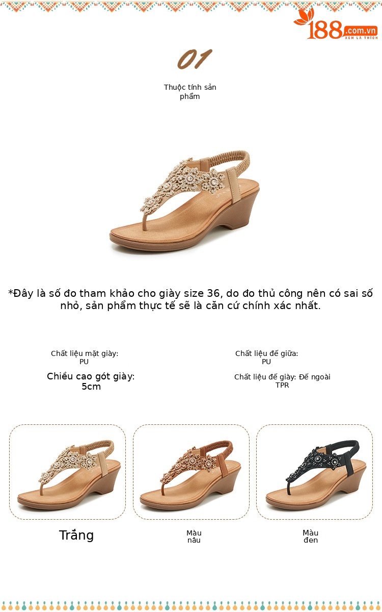 Sandal đế xuồng đính đá hoa thời trang mùa hè 2026 mẫu mới 180-3 — màu nâu, màu đen, quả mơ chi tiết 2
