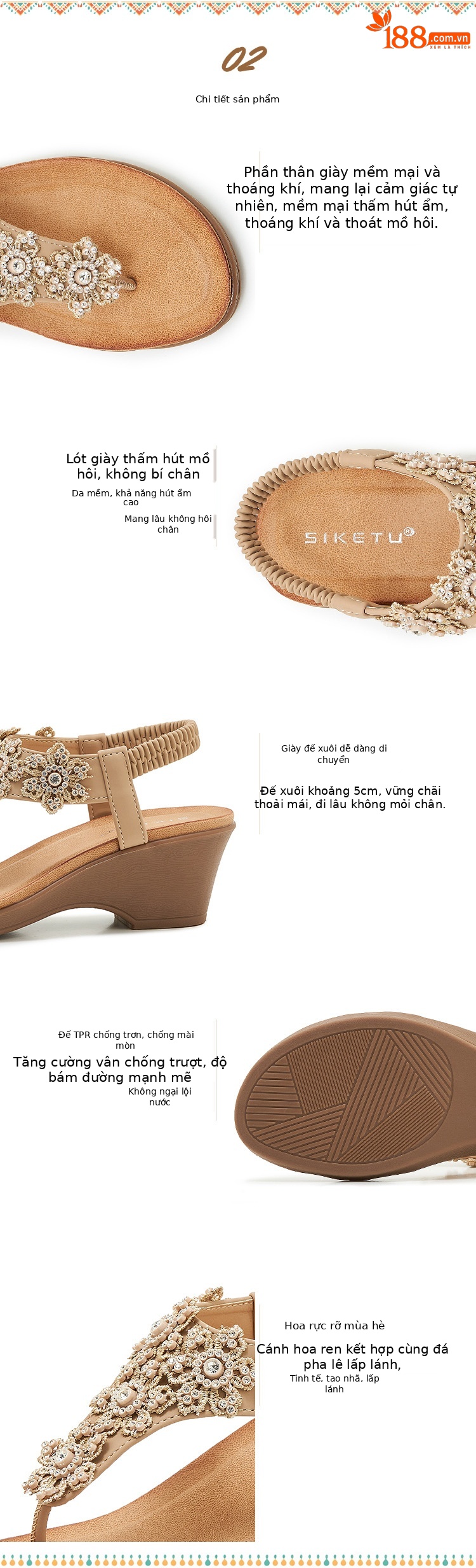 Sandal đế xuồng đính đá hoa thời trang mùa hè 2026 mẫu mới 180-3 — màu nâu, màu đen, quả mơ chi tiết 3