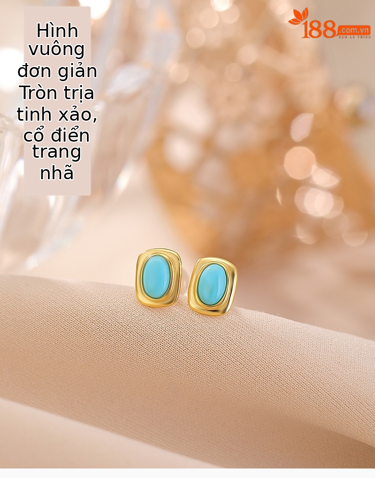 Bông tai bạc S925 mạ vàng đính đá ngọc lam hình trứng — Một cặp chi tiết 1