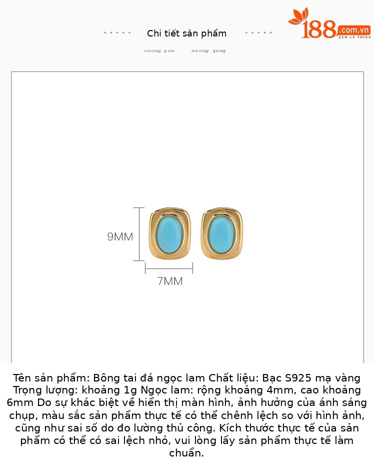 Bông tai bạc S925 mạ vàng đính đá ngọc lam hình trứng — Một cặp chi tiết 2