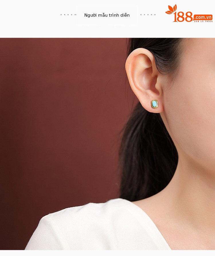 Bông tai bạc S925 mạ vàng đính đá ngọc lam hình trứng — Một cặp chi tiết 3
