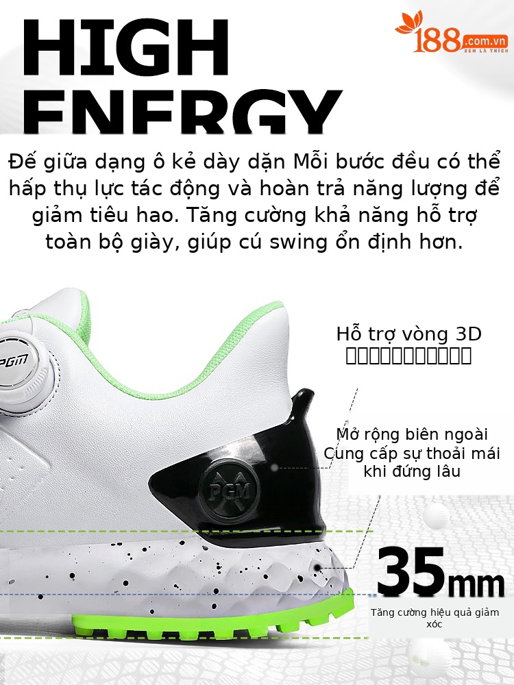 Giày Golf PGM Nam Chống Thấm Nước Phiên Bản Rộng Đệm Núm Dây — Mực trắng [Đế giữa chống sốc/gai chống trượt/mặt trên chống thấm nước] XZ441
