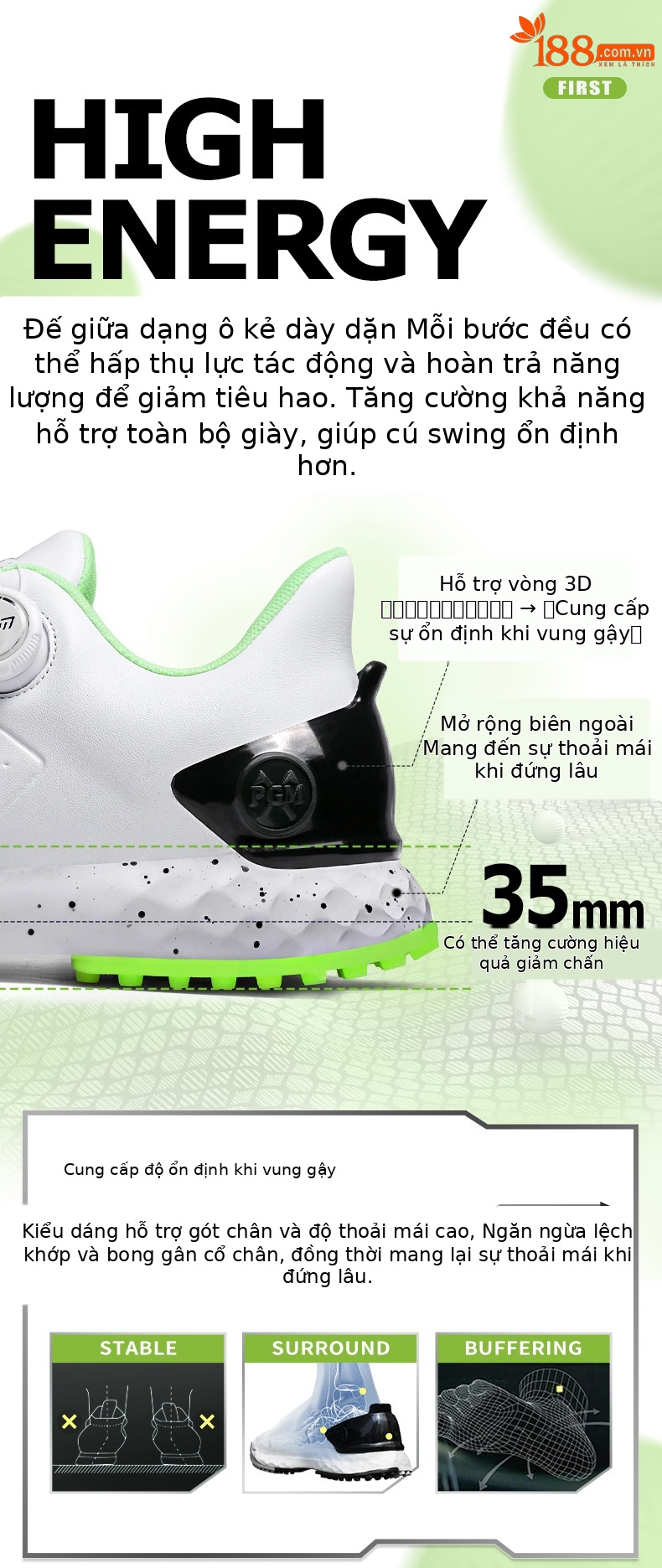 Giày Golf PGM Nam Chống Thấm Nước Phiên Bản Rộng Đệm Núm Dây — Mực trắng [Đế giữa chống sốc/gai chống trượt/mặt trên chống thấm nước] XZ441 chi tiết 6
