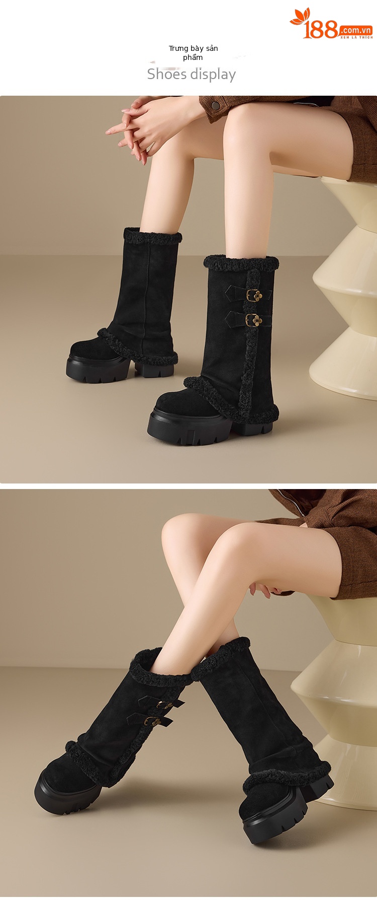 Boot nữ cổ cao ôm bắp chân, đế dày tăng chiều cao 12 cm, lót lông ấm, chất liệu cotton dày màu kaki — nhung đen chi tiết 2