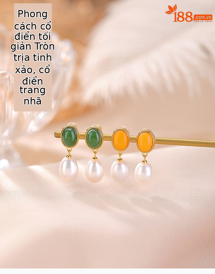 Bông tai bạc S925 mạ vàng đính ngọc trai nước ngọt và đá jasper sáp ong mặt trứng phong cách retro — Mô hình sáp ong chi tiết 1
