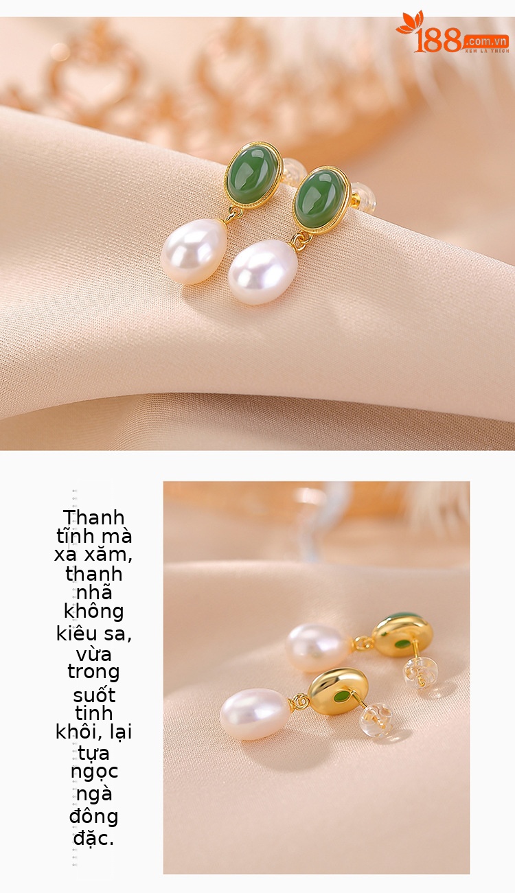 Bông tai bạc S925 mạ vàng đính ngọc trai nước ngọt và đá jasper sáp ong mặt trứng phong cách retro — Mô hình sáp ong chi tiết 3