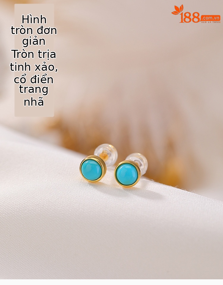 Bông tai bạc S925 mạ vàng đính đá ngọc lam hình học tròn nhỏ — Một cặp chi tiết 1