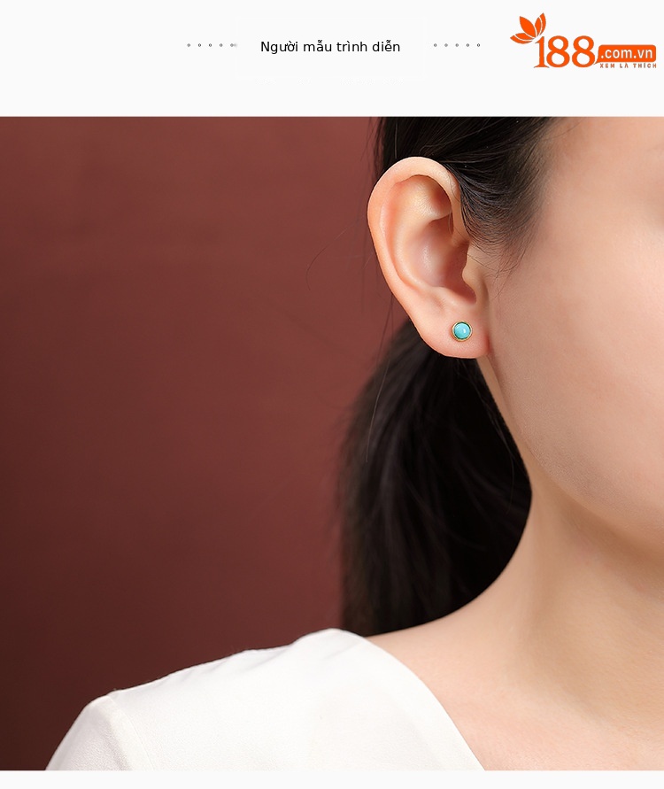 Bông tai bạc S925 mạ vàng đính đá ngọc lam hình học tròn nhỏ — Một cặp chi tiết 3