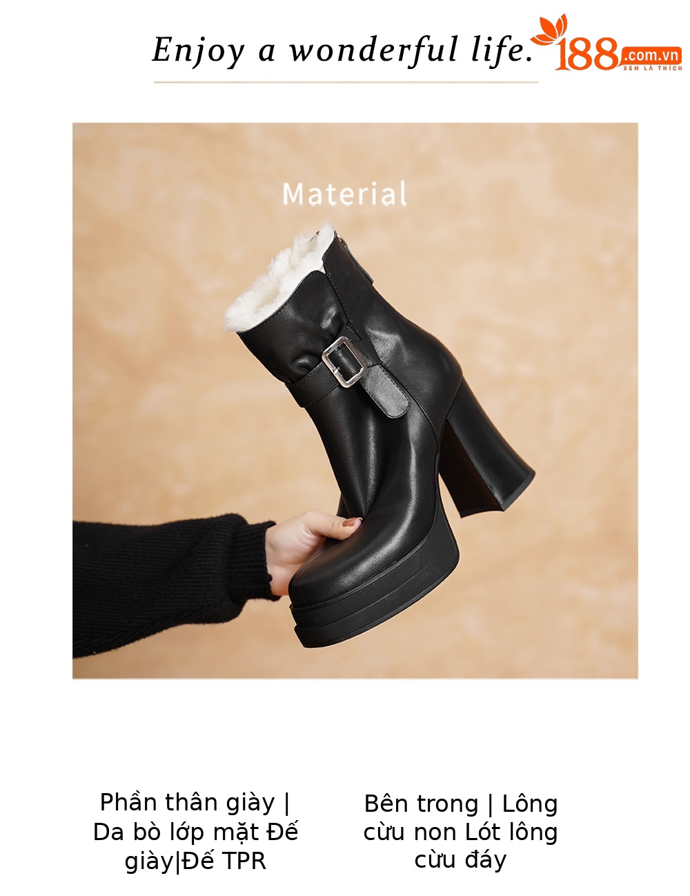 Boot nữ cổ thấp mũi vuông siêu cao gót da bò lót lông cừu ấm áp — màu đen chi tiết 2