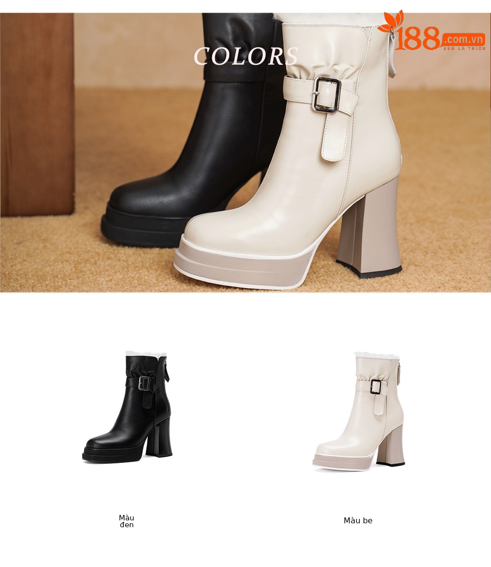 Boot nữ cổ thấp mũi vuông siêu cao gót da bò lót lông cừu ấm áp — màu đen chi tiết 3