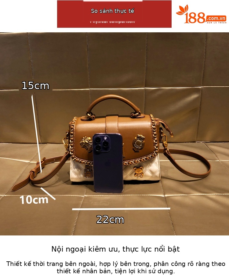 Túi đeo chéo nữ da thật satchel dáng vuông nhỏ gọn — Gấu Nhỏ/Bu Bu/Trắng, Gấu Nhỏ/Bu Bu/Đen chi tiết 3