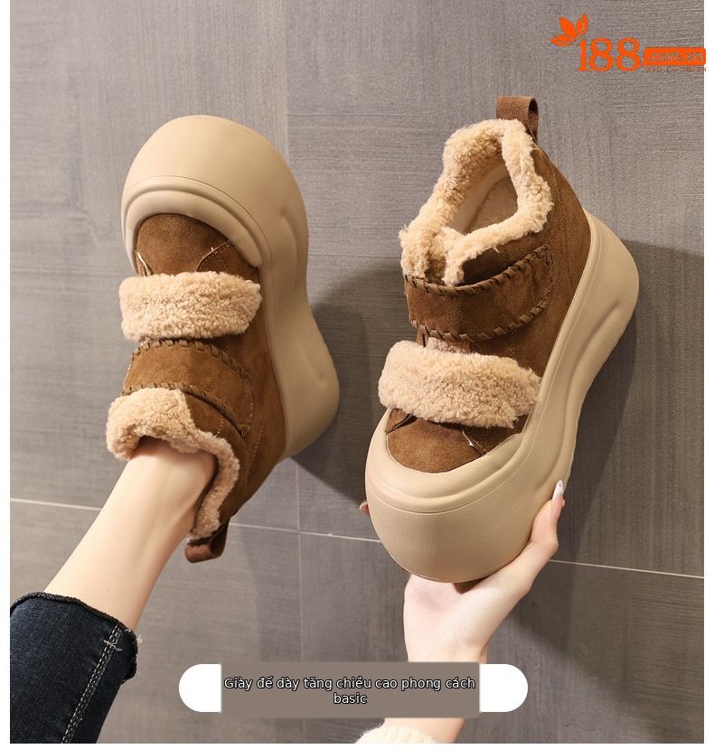 Giày boot nữ cổ cao lót lông cừu đế dày tăng chiều cao, dán Velcro — màu đen chi tiết 1