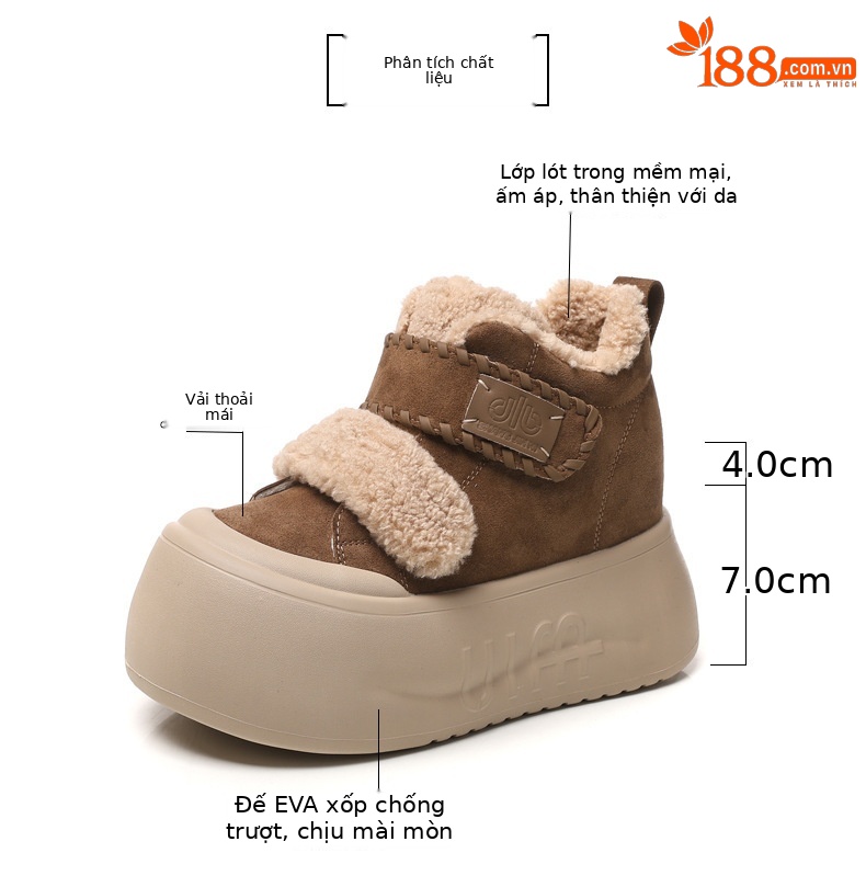 Giày boot nữ cổ cao lót lông cừu đế dày tăng chiều cao, dán Velcro — màu đen chi tiết 2