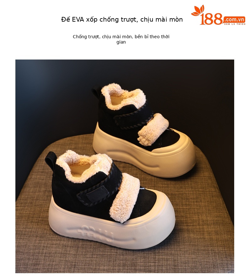 Giày boot nữ cổ cao lót lông cừu đế dày tăng chiều cao, dán Velcro — màu đen chi tiết 9