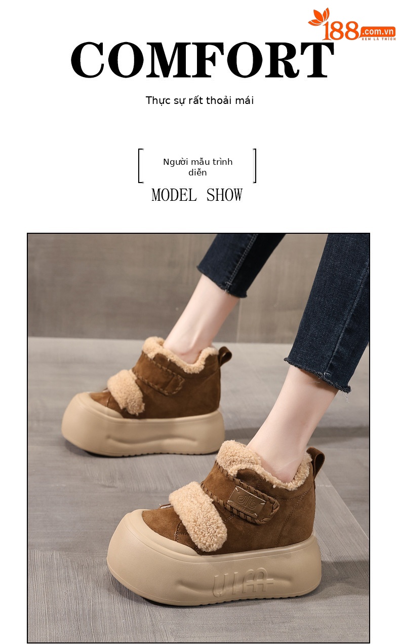 Giày boot nữ cổ cao lót lông cừu đế dày tăng chiều cao, dán Velcro — màu đen chi tiết 10