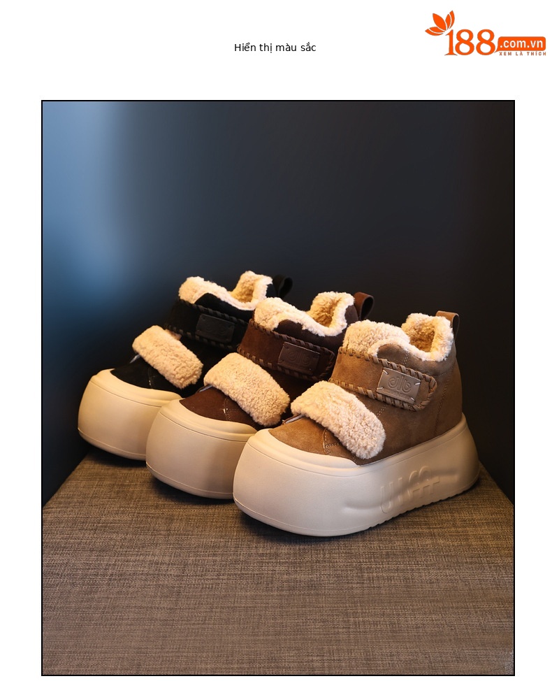 Giày boot nữ cổ cao lót lông cừu đế dày tăng chiều cao, dán Velcro — màu đen chi tiết 17