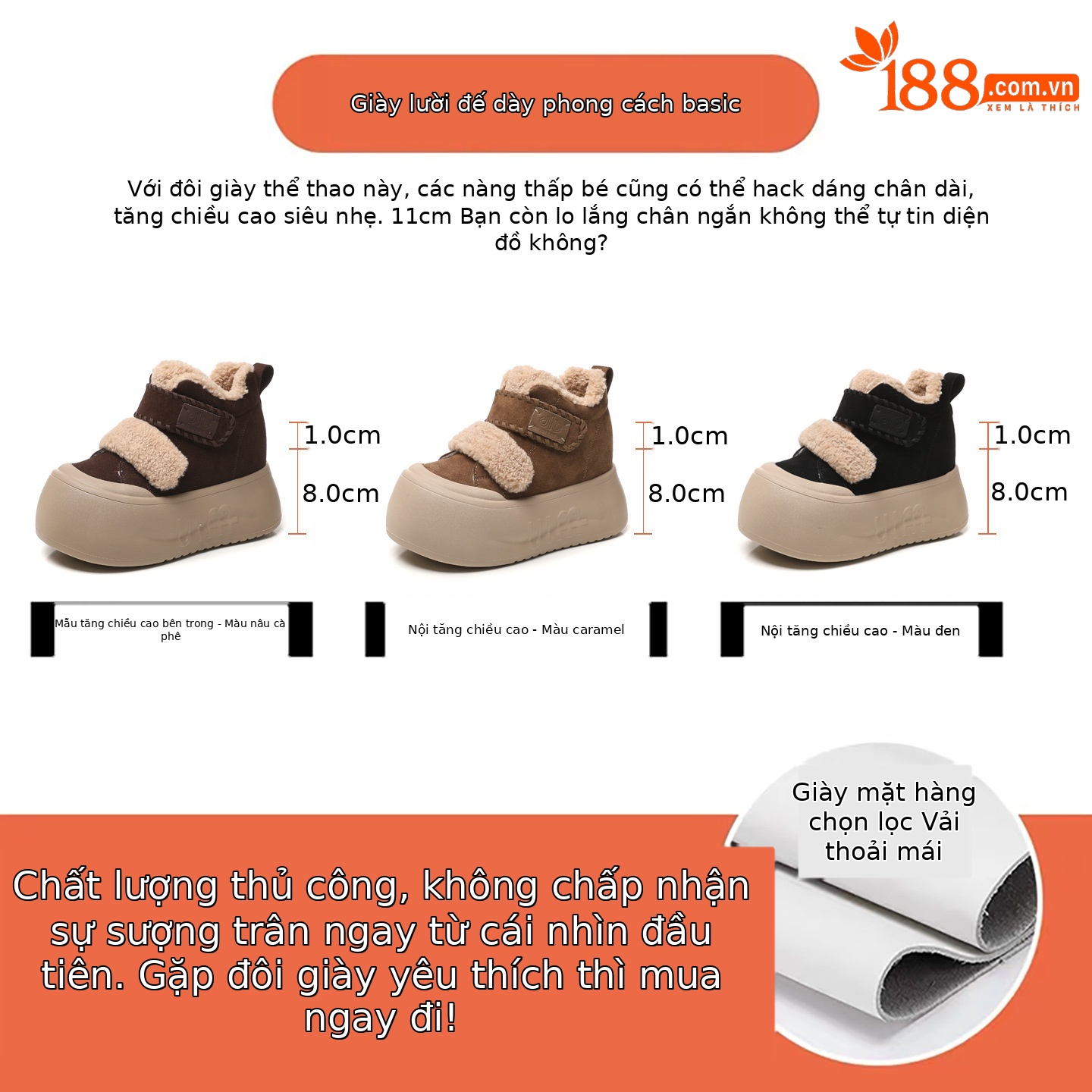 Giày boot nữ cổ cao lót lông cừu đế dày tăng chiều cao, dán Velcro — màu đen