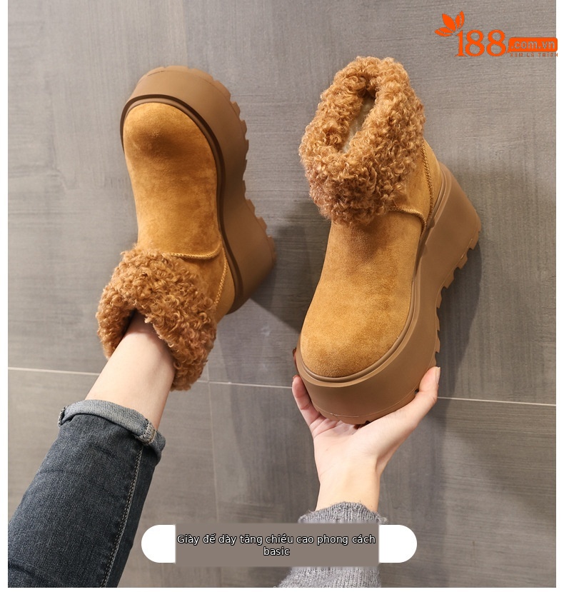 Giày bốt tuyết nữ cổ thấp đế dày tăng chiều cao lót lông cừu giữ ấm — màu nâu chi tiết 1