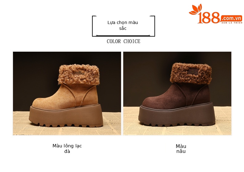 Giày bốt tuyết nữ cổ thấp đế dày tăng chiều cao lót lông cừu giữ ấm — màu nâu chi tiết 2