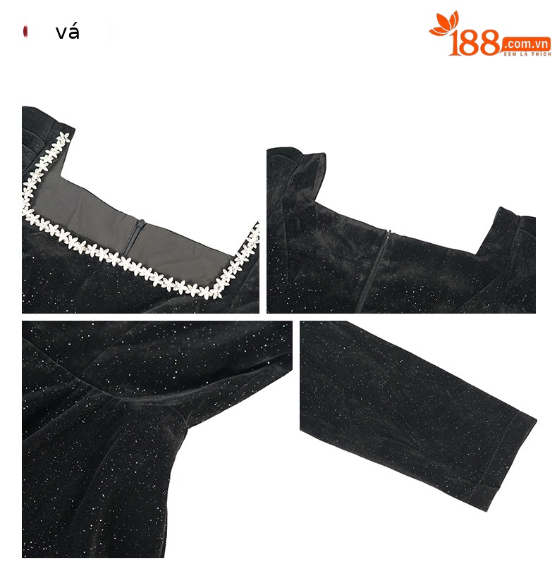 Đầm nhung cổ vuông đính cườm thắt eo dự tiệc — màu đen chi tiết 3