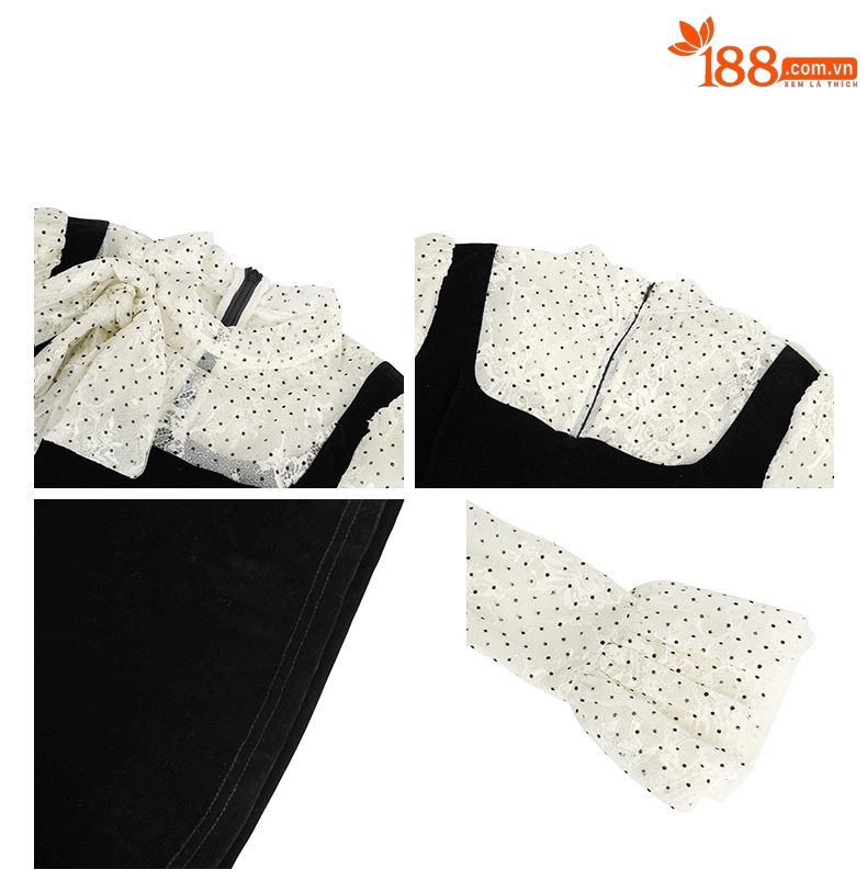 Váy maxi nữ hai dây giả nhung kiểu Pháp, ren chấm bi, thiết kế ôm eo tôn dáng — Đen và trắng chi tiết 1