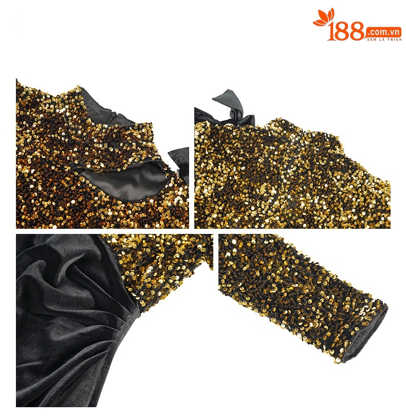 Váy nhung đính sequin kiểu Pháp ôm eo xẻ tà dạ hội dài — màu đen chi tiết 2