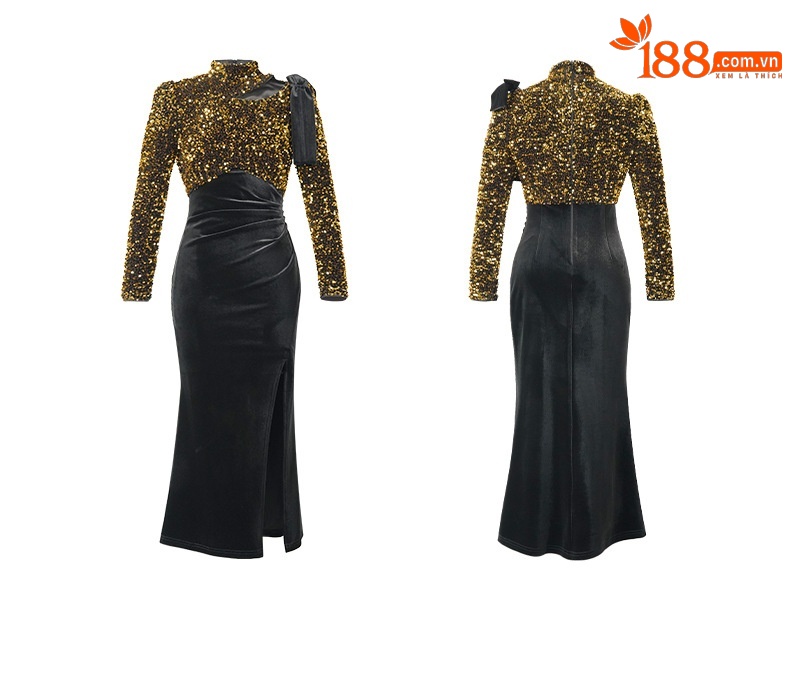 Váy nhung đính sequin kiểu Pháp ôm eo xẻ tà dạ hội dài — màu đen chi tiết 3