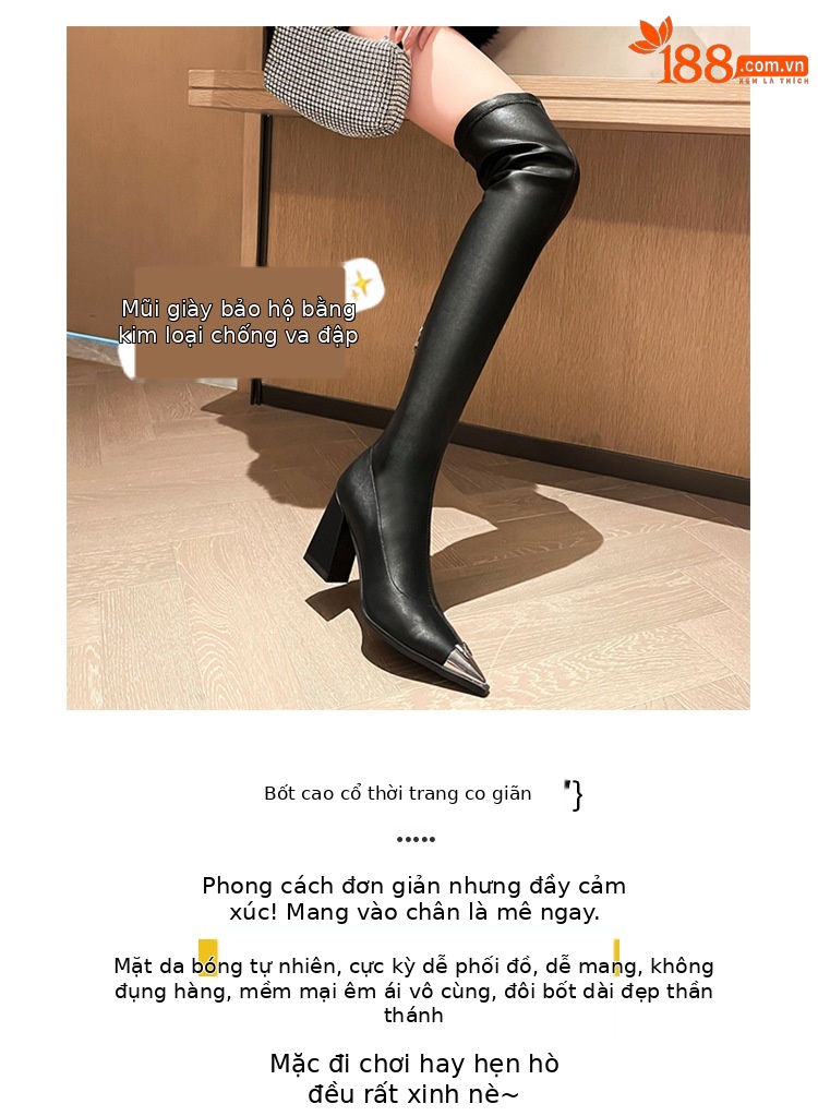 Boot nữ cổ cao quá gối da lộn mũi nhọn kim loại gót 8cm miệng chữ V — Lớp lót da lộn màu đen chi tiết 1