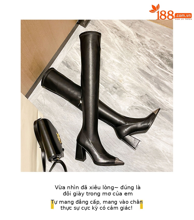 Boot nữ cổ cao quá gối da lộn mũi nhọn kim loại gót 8cm miệng chữ V — Lớp lót da lộn màu đen chi tiết 2