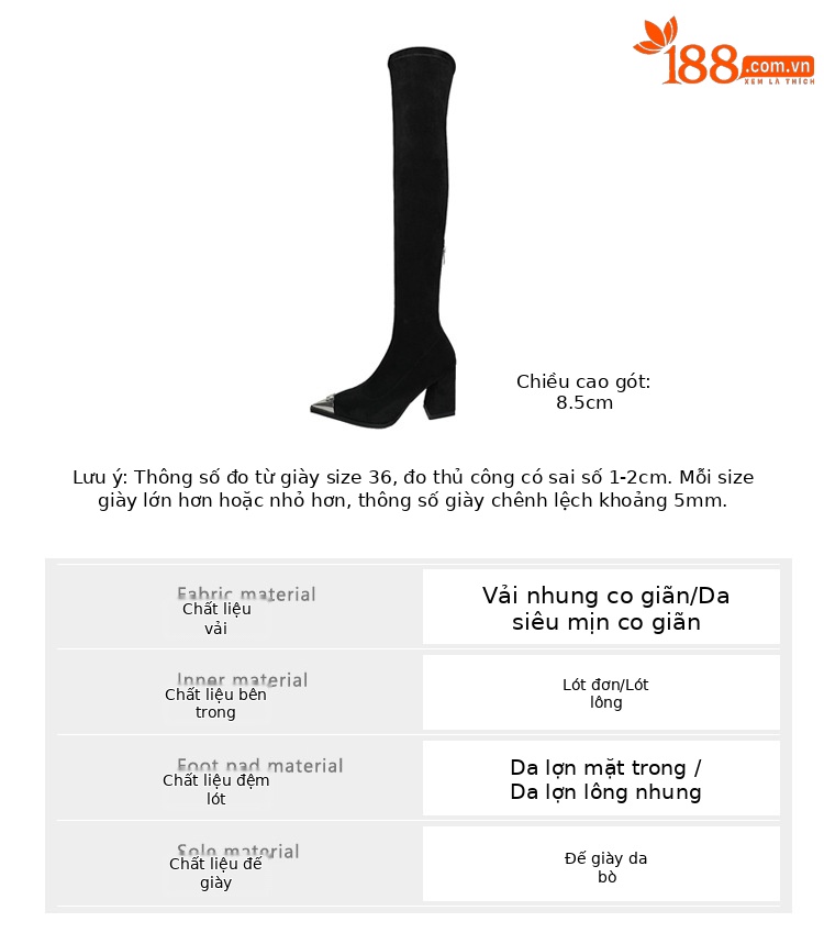 Boot nữ cổ cao quá gối da lộn mũi nhọn kim loại gót 8cm miệng chữ V — Lớp lót da lộn màu đen chi tiết 3