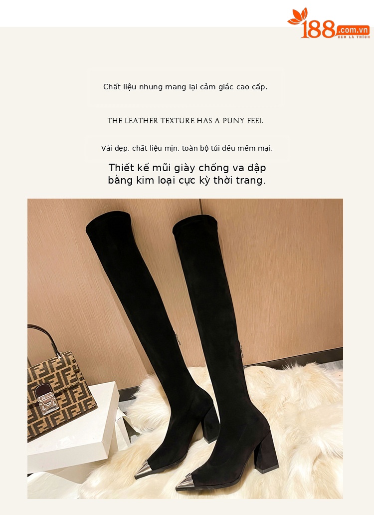 Boot nữ cổ cao quá gối da lộn mũi nhọn kim loại gót 8cm miệng chữ V — Lớp lót da lộn màu đen chi tiết 5
