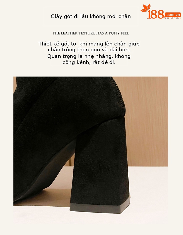 Boot nữ cổ cao quá gối da lộn mũi nhọn kim loại gót 8cm miệng chữ V — Lớp lót da lộn màu đen chi tiết 7