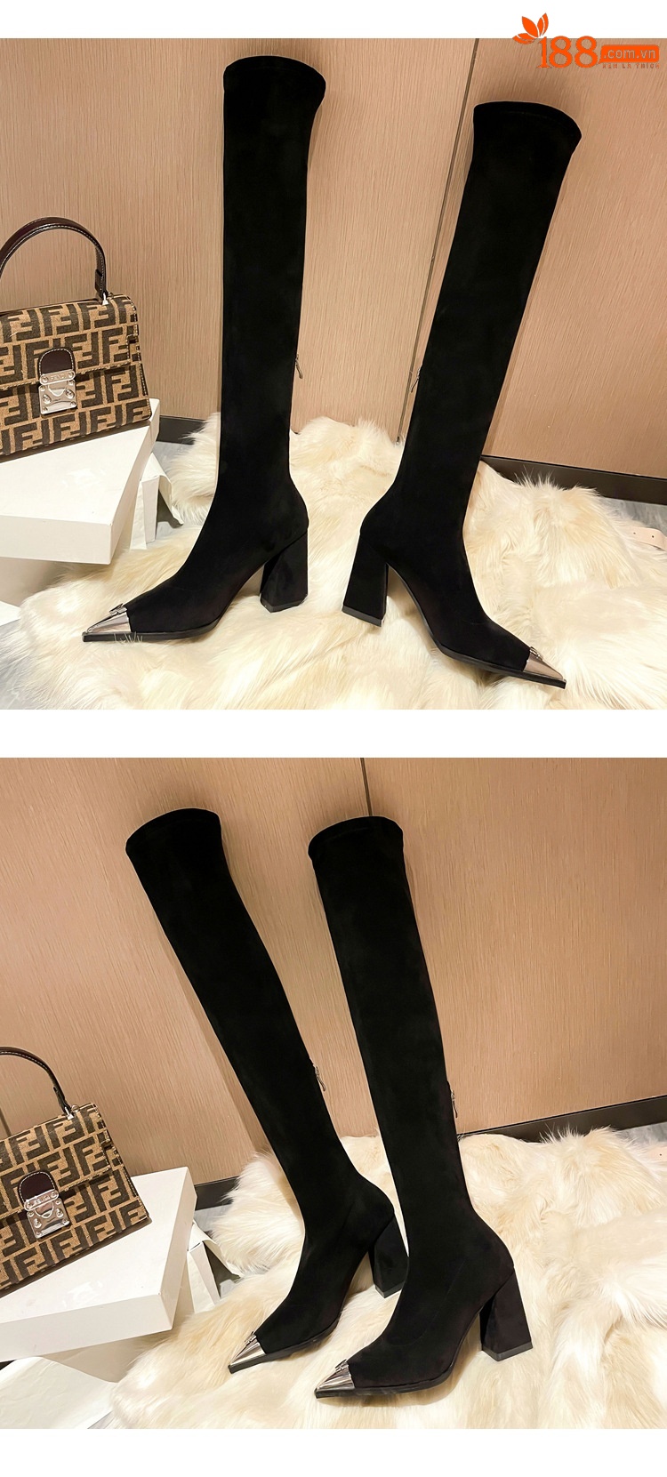 Boot nữ cổ cao quá gối da lộn mũi nhọn kim loại gót 8cm miệng chữ V — Lớp lót da lộn màu đen chi tiết 25