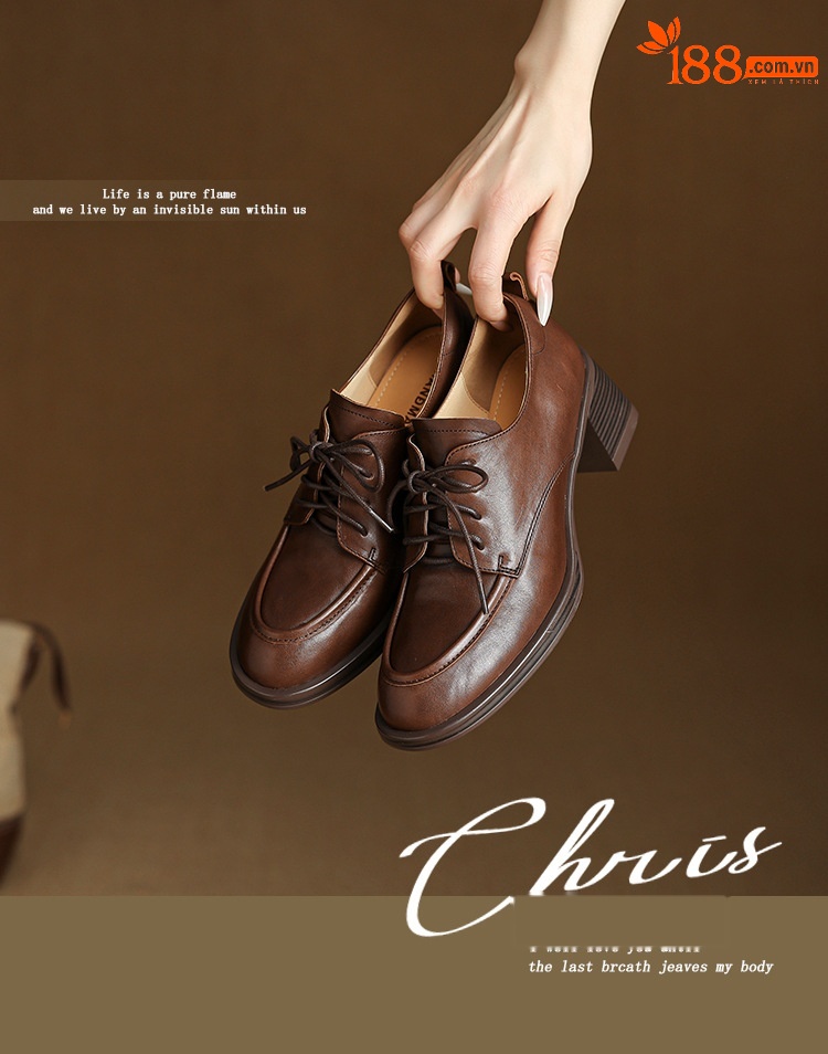 Giày cao gót nữ mũi tròn bít da bò, gót 7,6 cm, buộc dây, phong cách retro — Chiều cao gót màu nâu 7.6cm chi tiết 1
