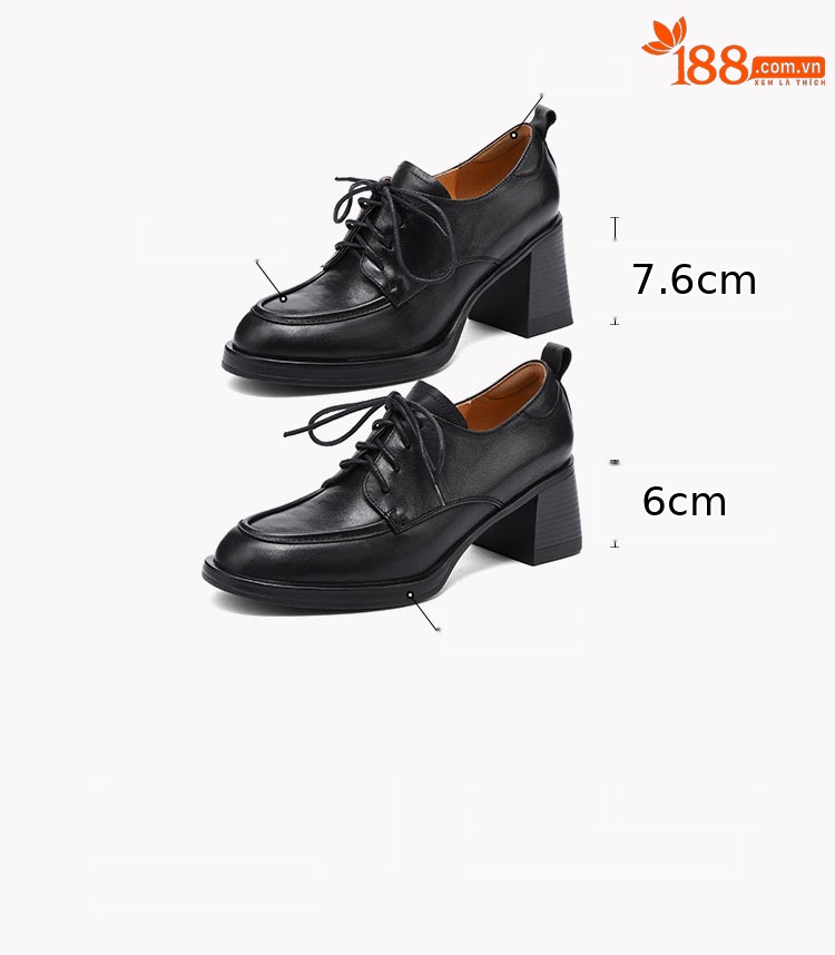 Giày cao gót nữ mũi tròn bít da bò, gót 7,6 cm, buộc dây, phong cách retro — Chiều cao gót màu nâu 7.6cm chi tiết 3