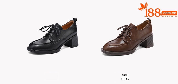 Giày cao gót nữ mũi tròn bít da bò, gót 7,6 cm, buộc dây, phong cách retro — Chiều cao gót màu nâu 7.6cm chi tiết 4