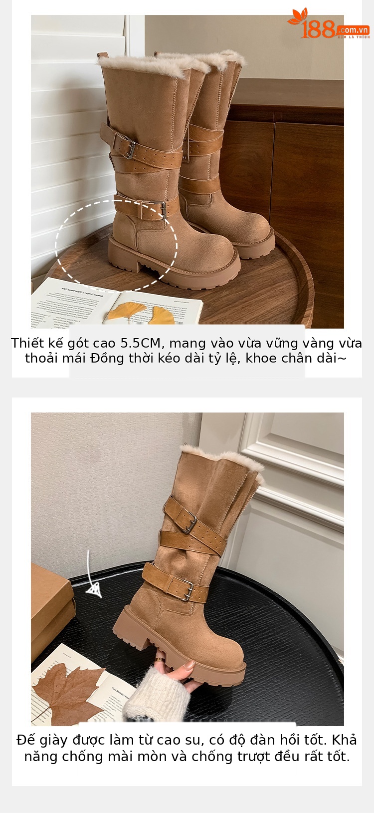 Boot tuyết nữ cổ cao lót lông cừu ấm áp đế dày khóa thắt lưng — màu kê chi tiết 3