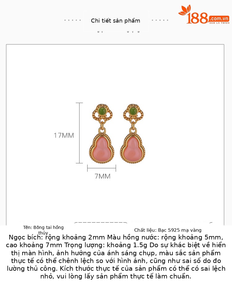 Bông tai bạc S925 mạ vàng nước đỏ đính mã não đỏ hình Như Ý phong cách Trung Hoa — Một cặp chi tiết 2
