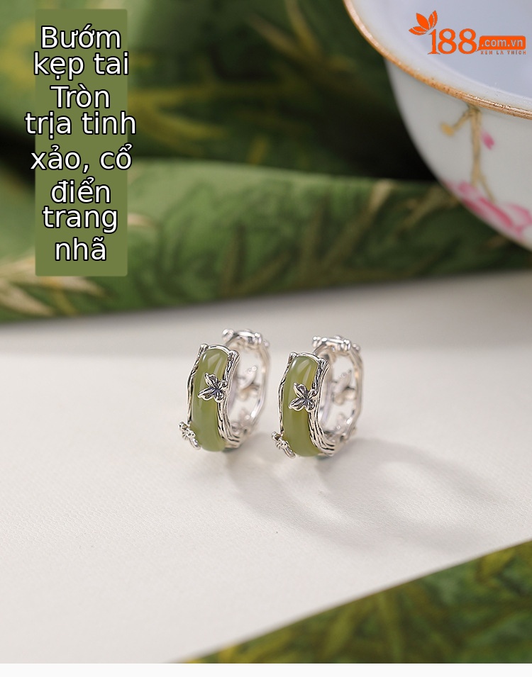 Bông tai bạc S925 đính ngọc Hetian hình bướm phong cách Trung Hoa vintage — Một cặp chi tiết 2