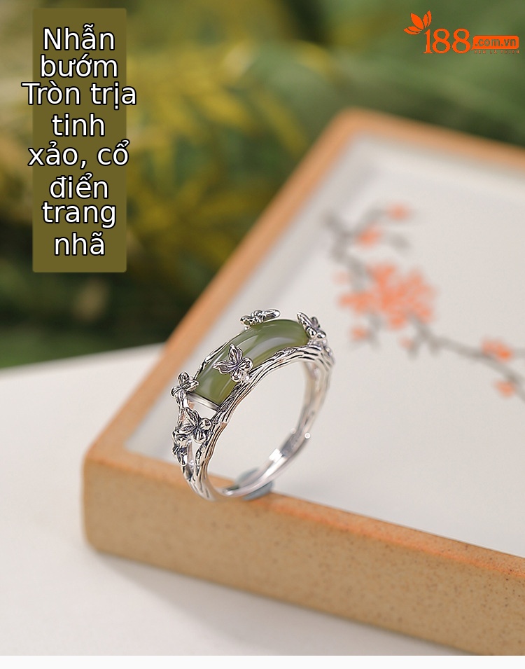 Nhẫn nữ bạc S925 mạ vàng đính ngọc Hetian sapphire hình bướm phong cách retro cổ điển — Một mảnh chi tiết 2