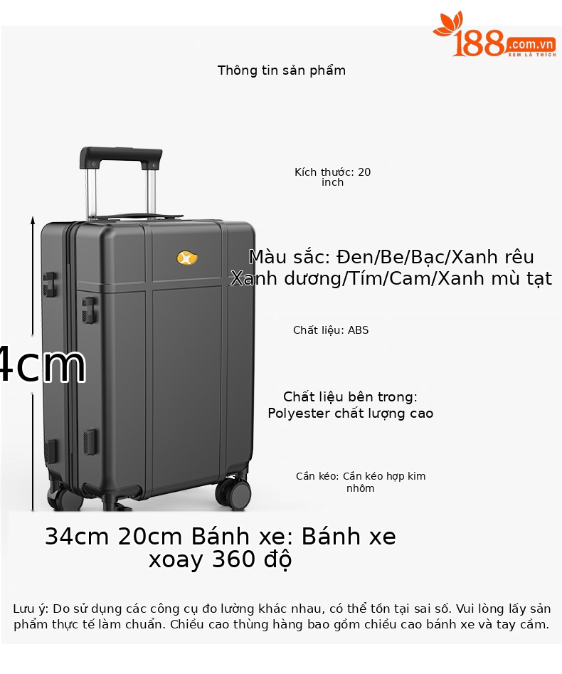 Vali PC bóng cao cấp 20 inch chống rơi, bánh xe đa năng, khóa mật khẩu, kiểu sơn mài mới — màu đen chi tiết 8
